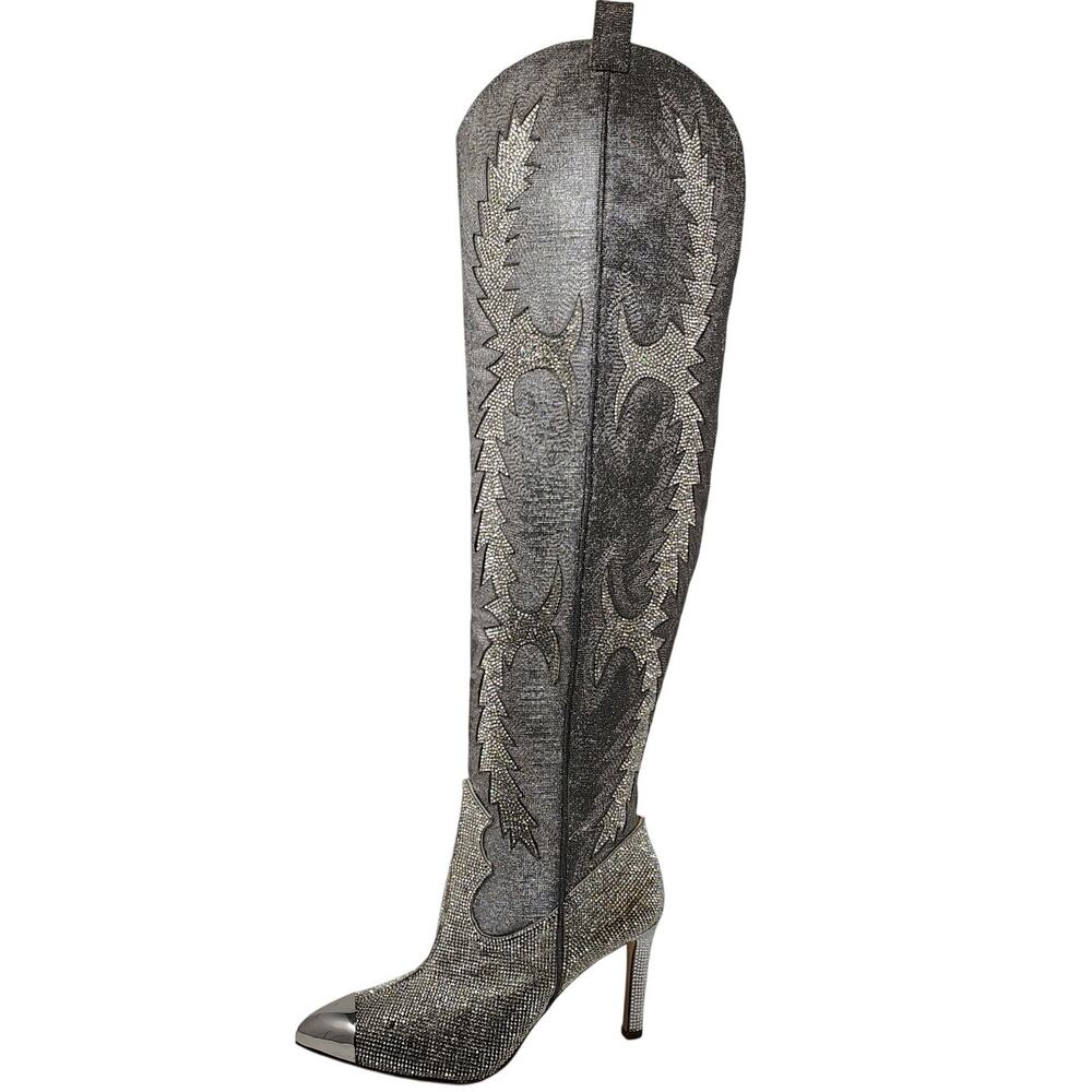 Gianni Bini Womens 6 Katyanna Over The Knee Boots Rhinestone Western Silver Zip